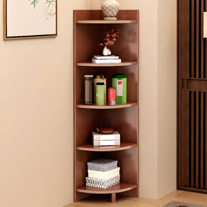 Narrow 5-Tier Natural Wood Corner Bookcase Image - 3