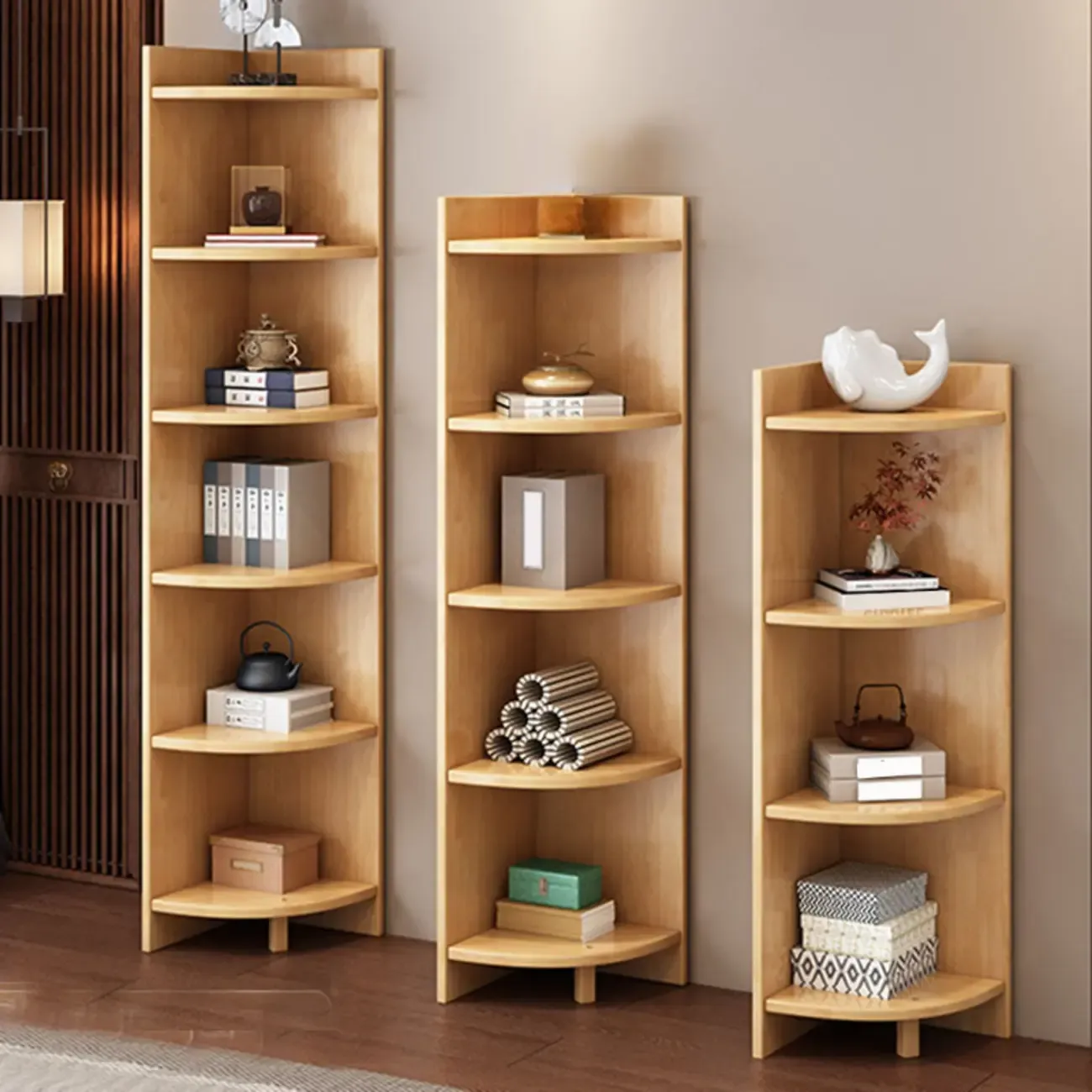 Narrow 5-Tier Natural Wood Corner Bookcase Image - 4
