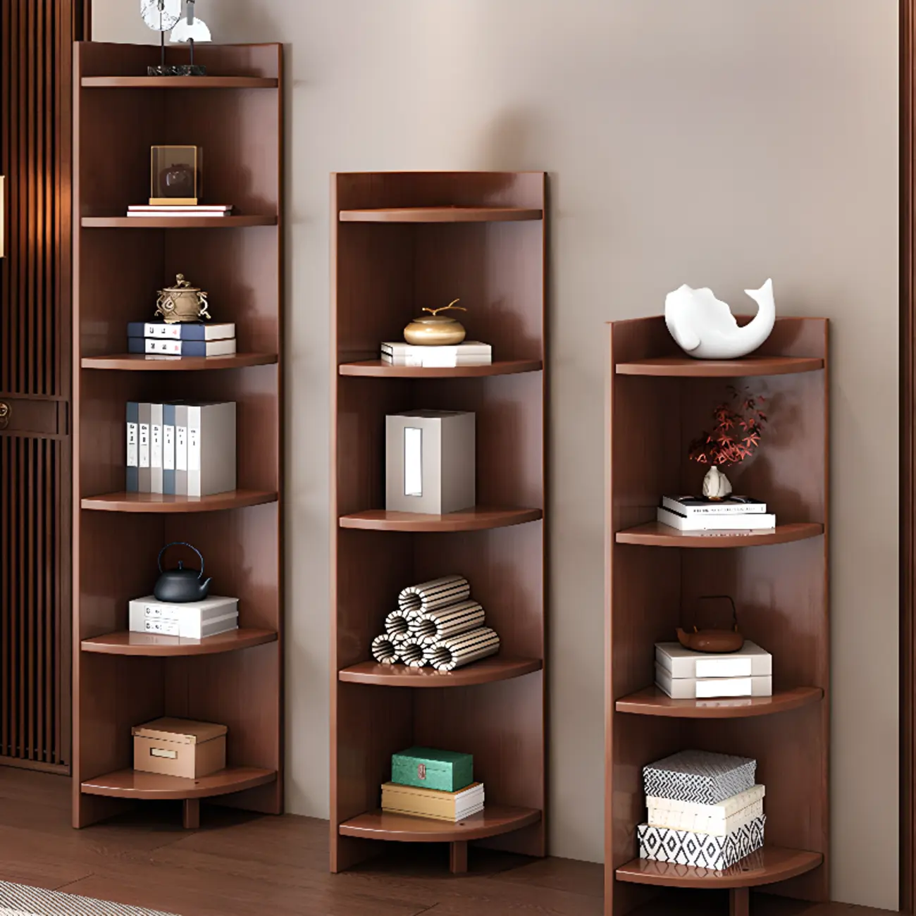 Narrow 5-Tier Natural Wood Corner Bookcase Image - 5 | homeyfad