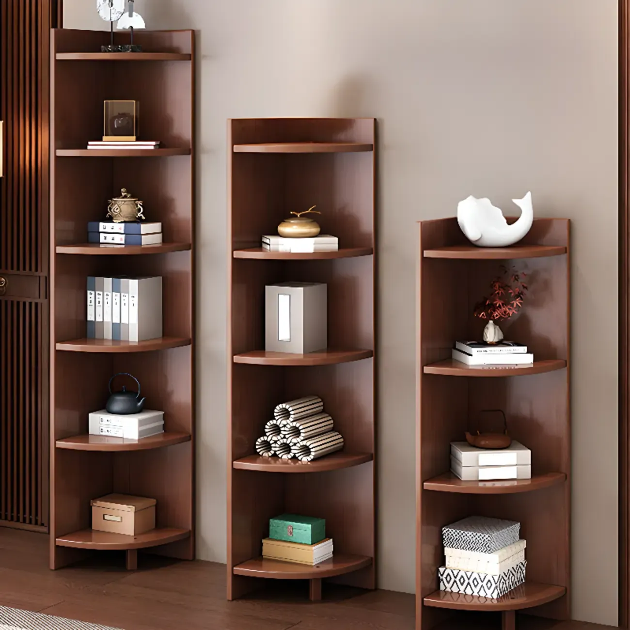 Narrow 5-Tier Natural Wood Corner Bookcase Image - 5