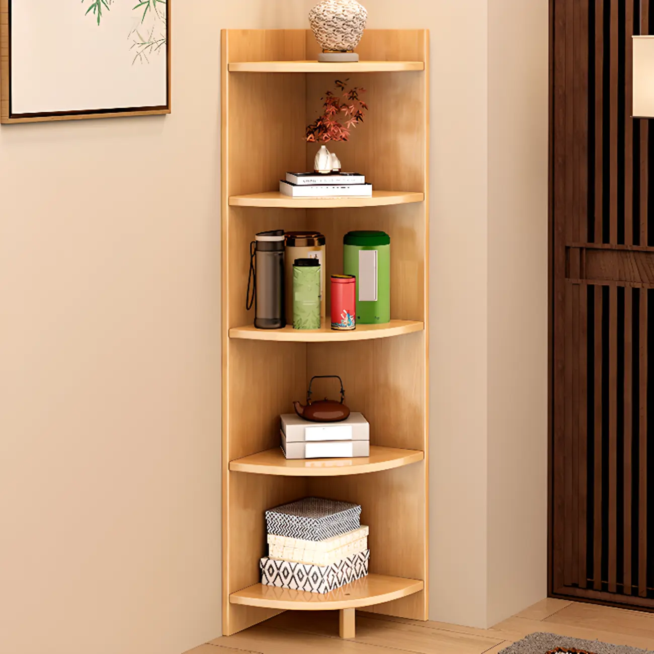 Narrow 5-Tier Natural Wood Corner Bookcase Image - 1 | homeyfad