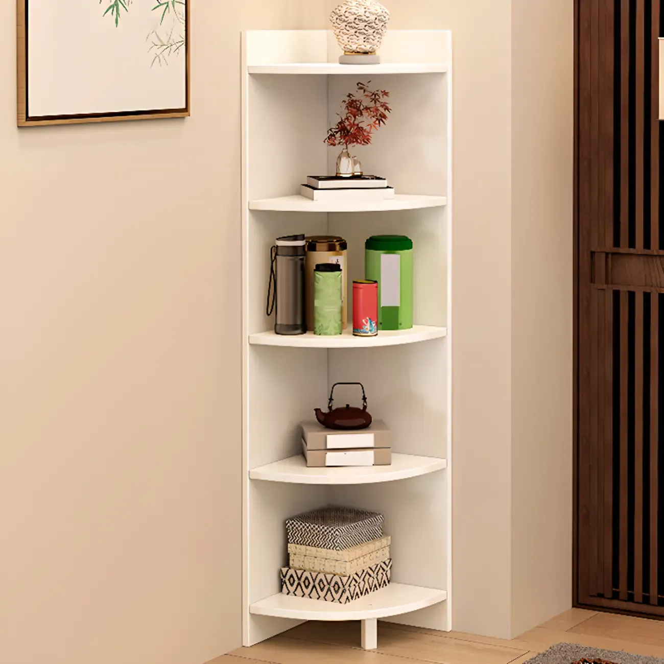 Narrow 5-Tier Natural Wood Corner Bookcase Image - 2