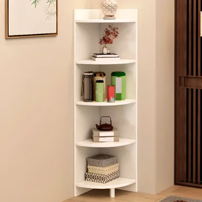Narrow 5-Tier Natural Wood Corner Bookcase Image - 2