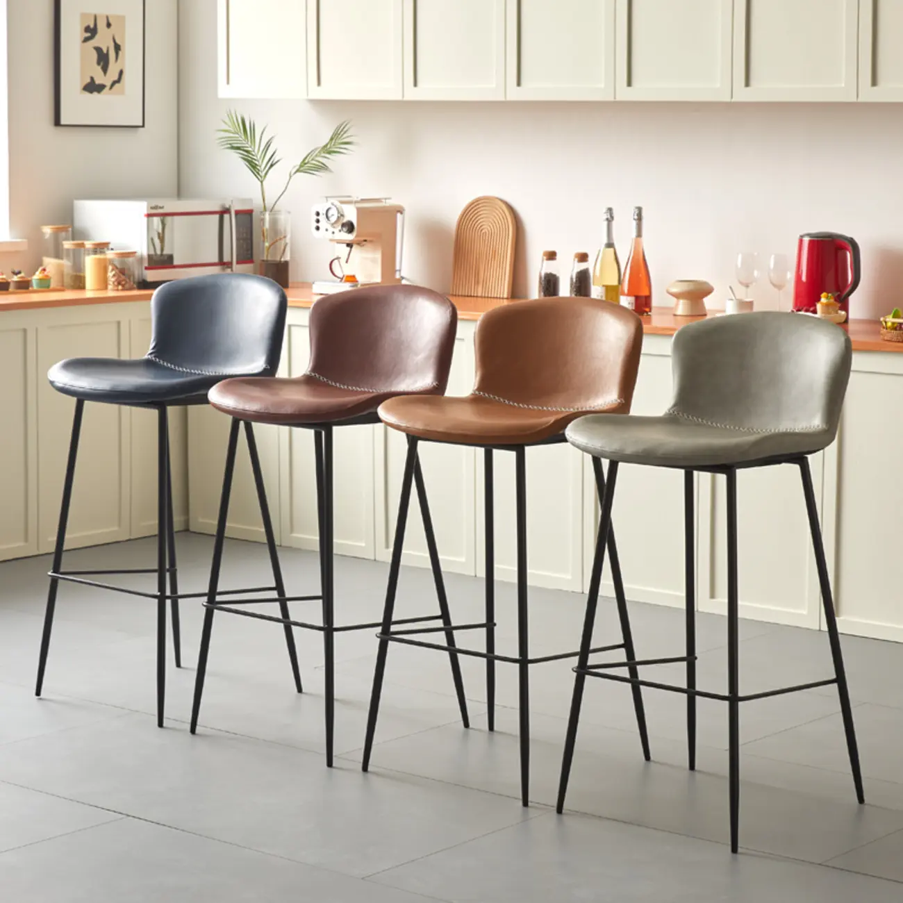 Modern Metal Frame Leather Cushion Low Back Bar Stool Image - 2 | homeyfad