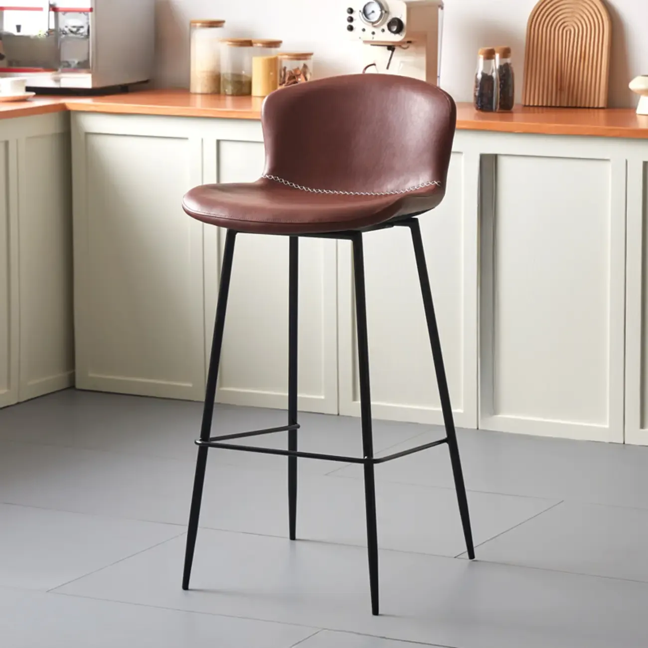 Modern Metal Frame Leather Cushion Low Back Bar Stool Image - 21