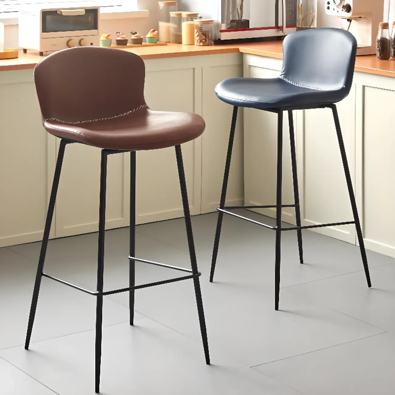 Modern Metal Frame Leather Cushion Low Back Bar Stool Image - 6
