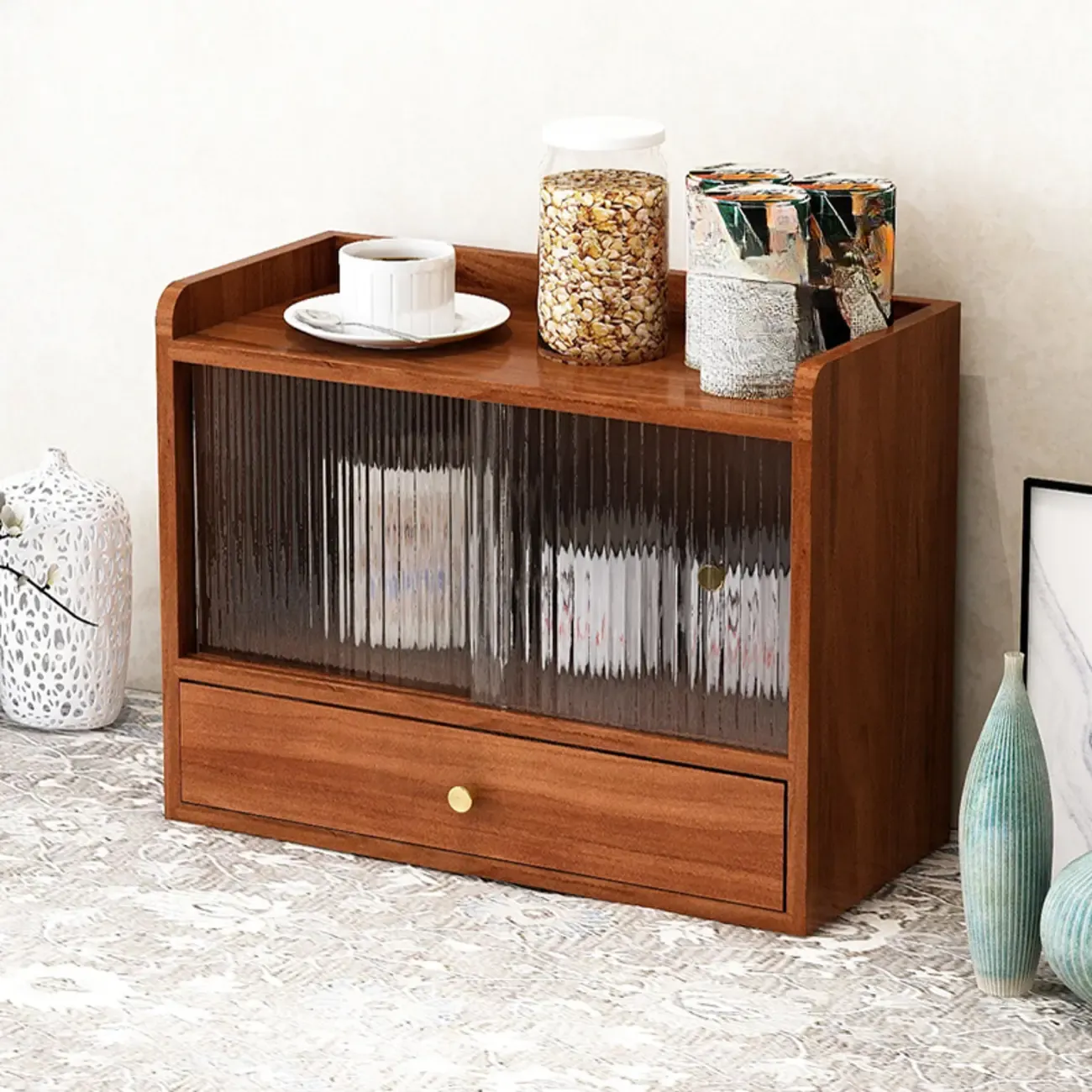 Tabletop Wooden Cubitac Display Cabinet with Glass Doors | HomeyFad