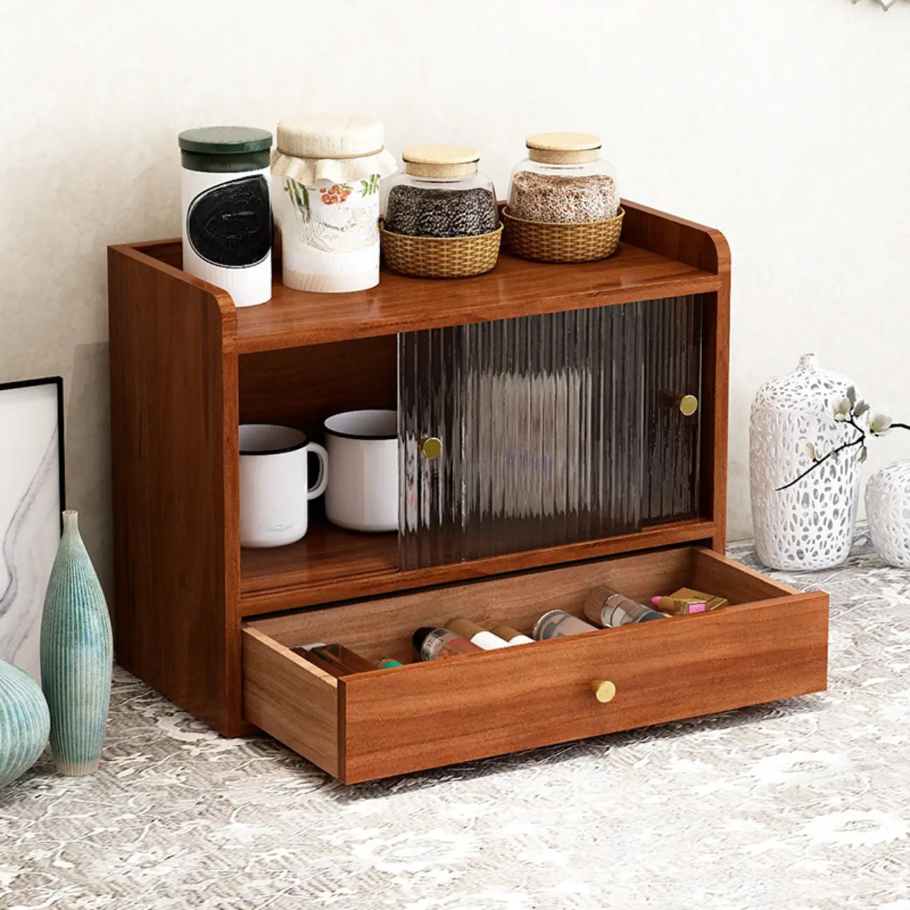 Tabletop Wooden Cubitac Display Cabinet with Glass Doors Image - 4 | homeyfad