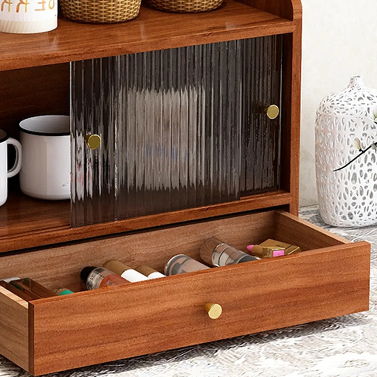 Tabletop Wooden Cubitac Display Cabinet with Glass Doors Image - 7 | homeyfad