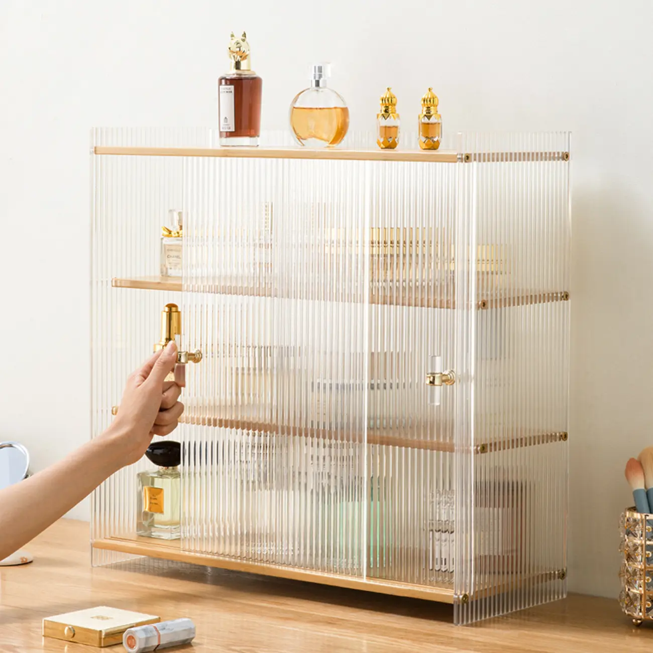 Natural Rectangular Glass Sliding Door Display Cabinet Image - 1