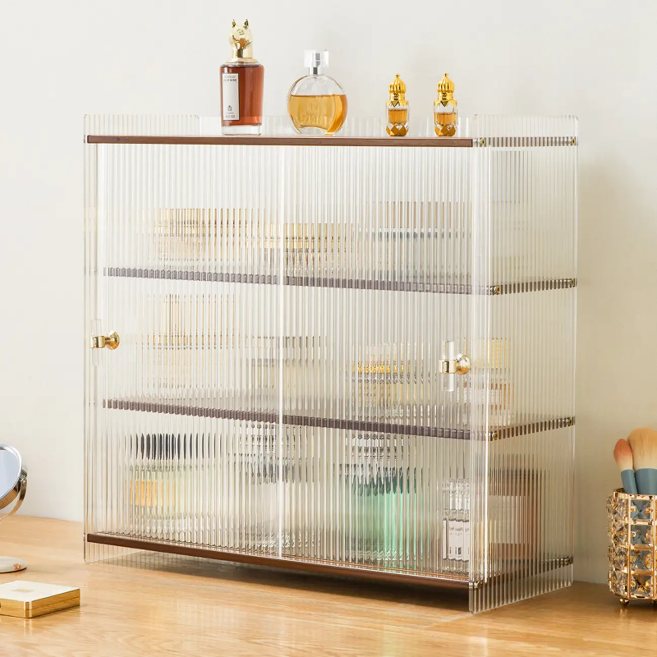 Natural Rectangular Glass Sliding Door Display Cabinet Image - 7 | homeyfad