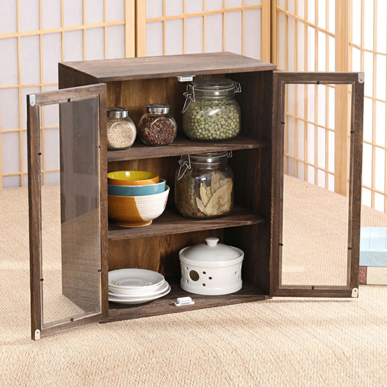 Brown Wooden Freestanding Display Cabinet for Kitchen Image - 3 | homeyfad