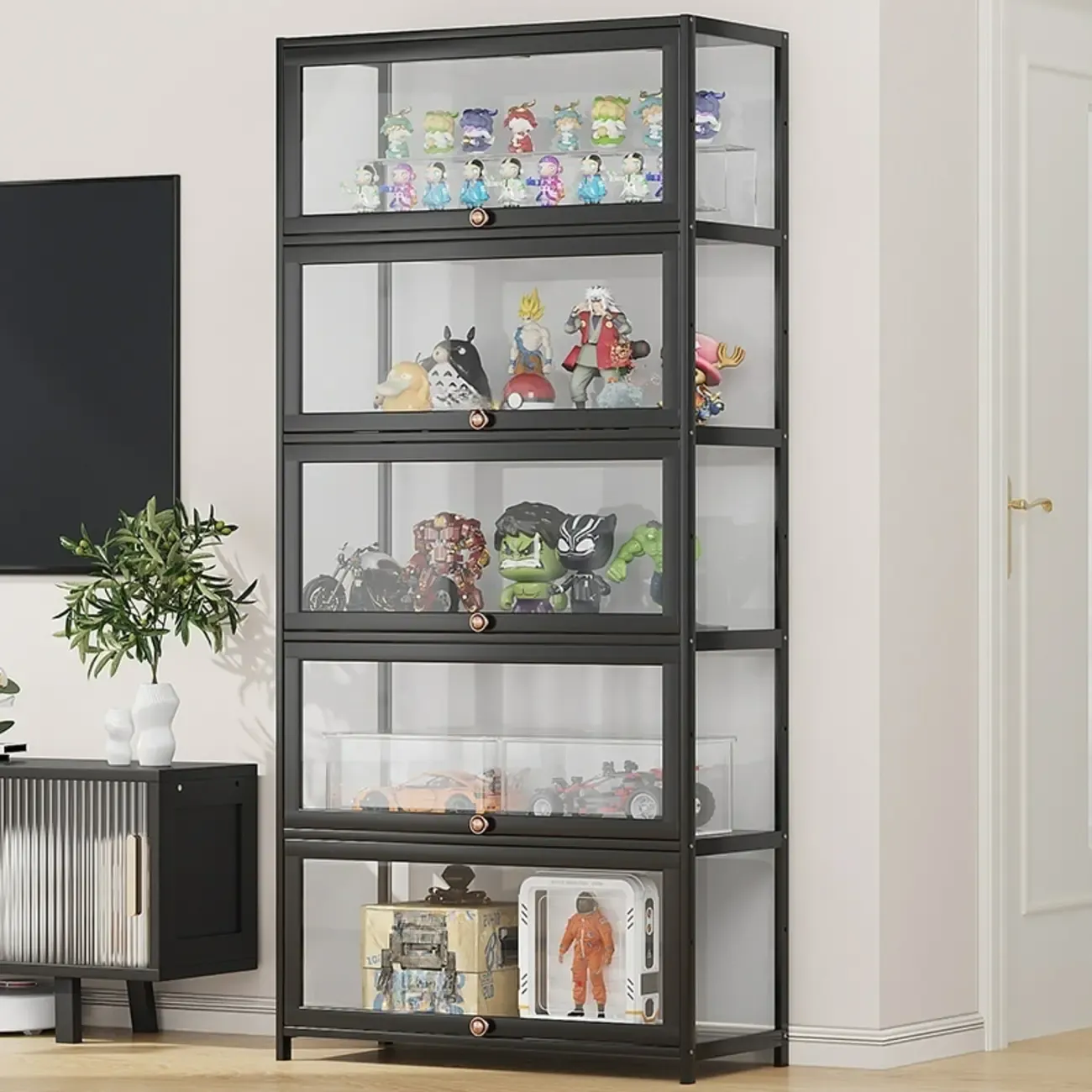 Rectangular Simple Flip-up Black Clear Glass Bamboo Curio Cabinet Image - 1