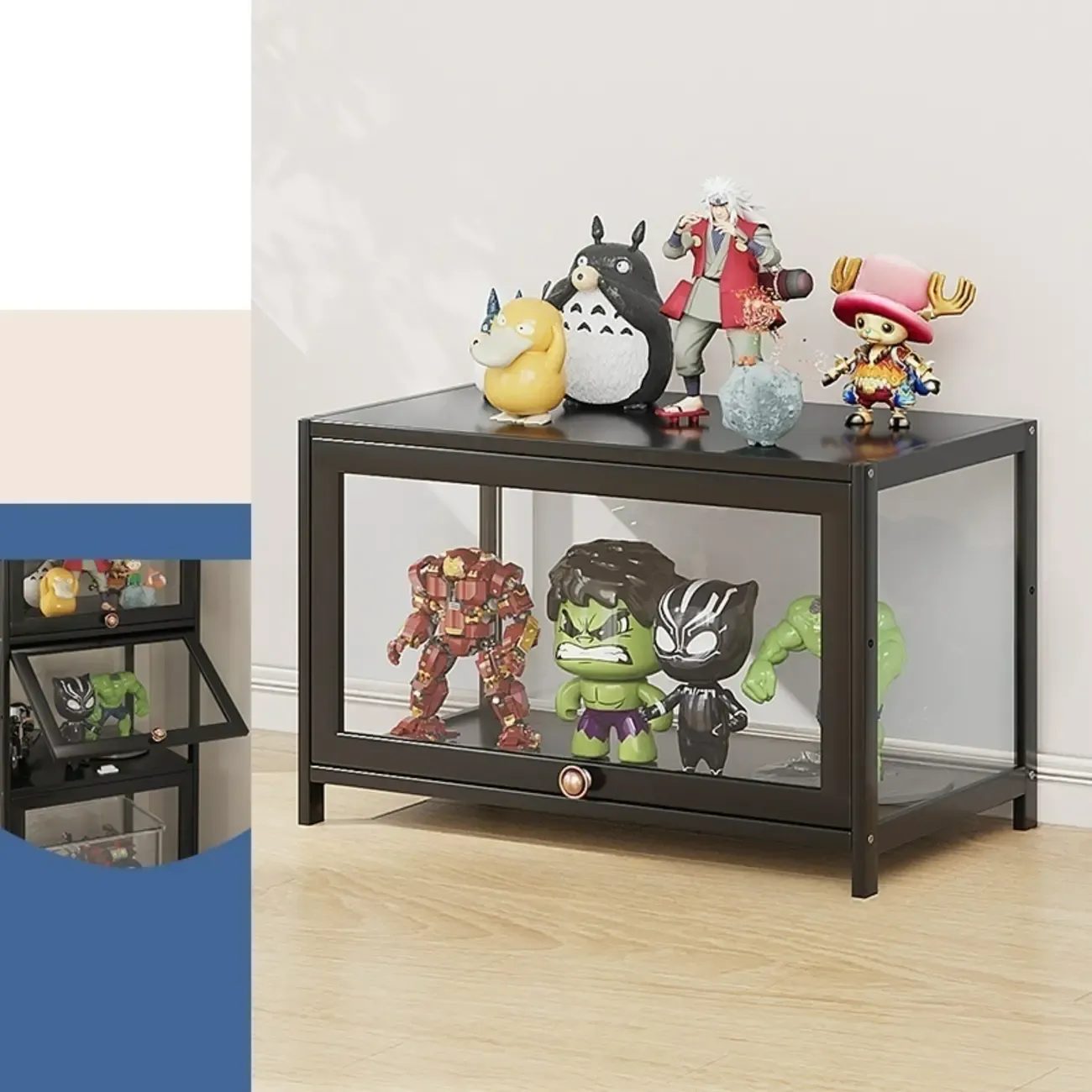 Rectangular Simple Flip-up Black Clear Glass Bamboo Curio Cabinet Image - 2