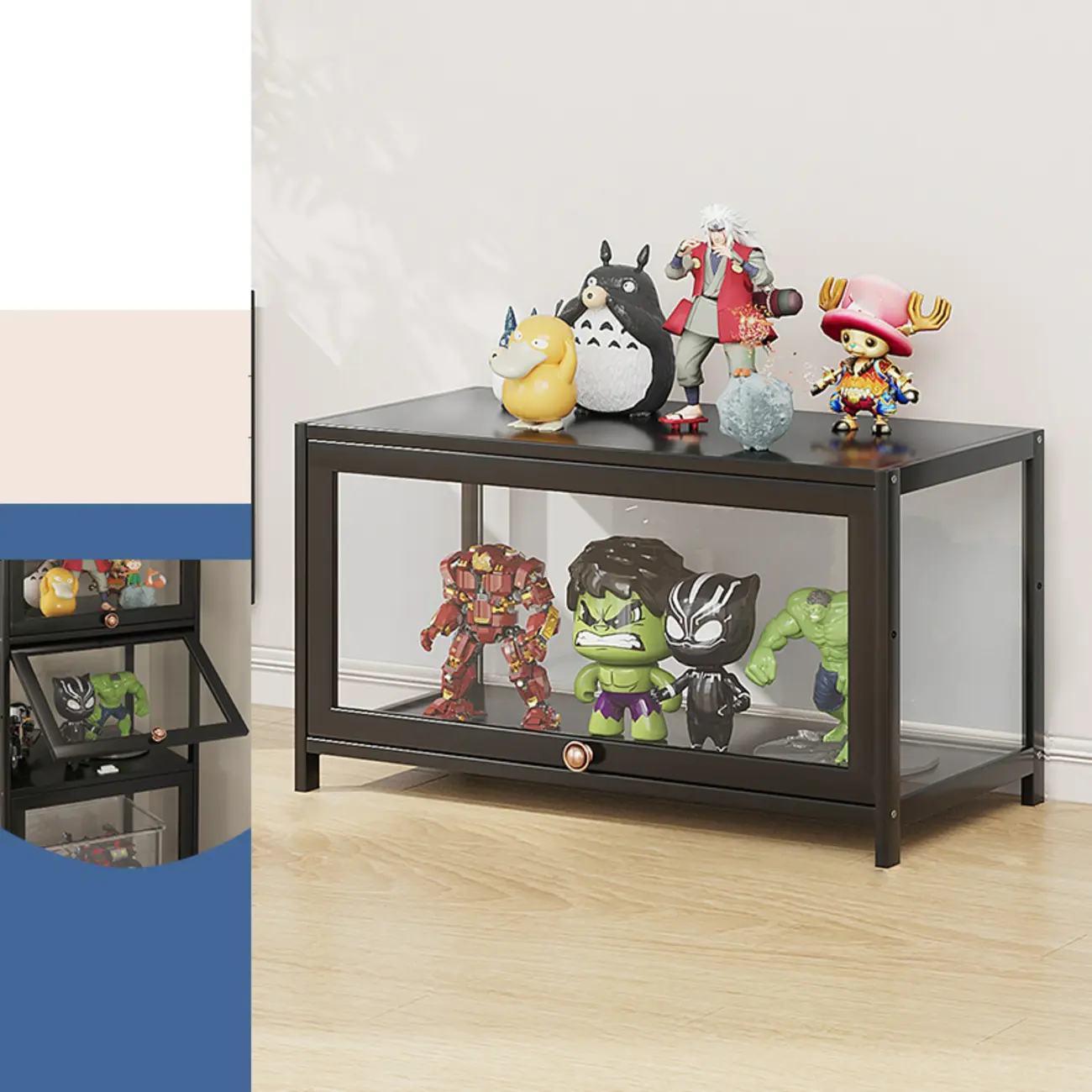 Rectangular Simple Flip-up Black Clear Glass Bamboo Curio Cabinet Image - 3 | homeyfad