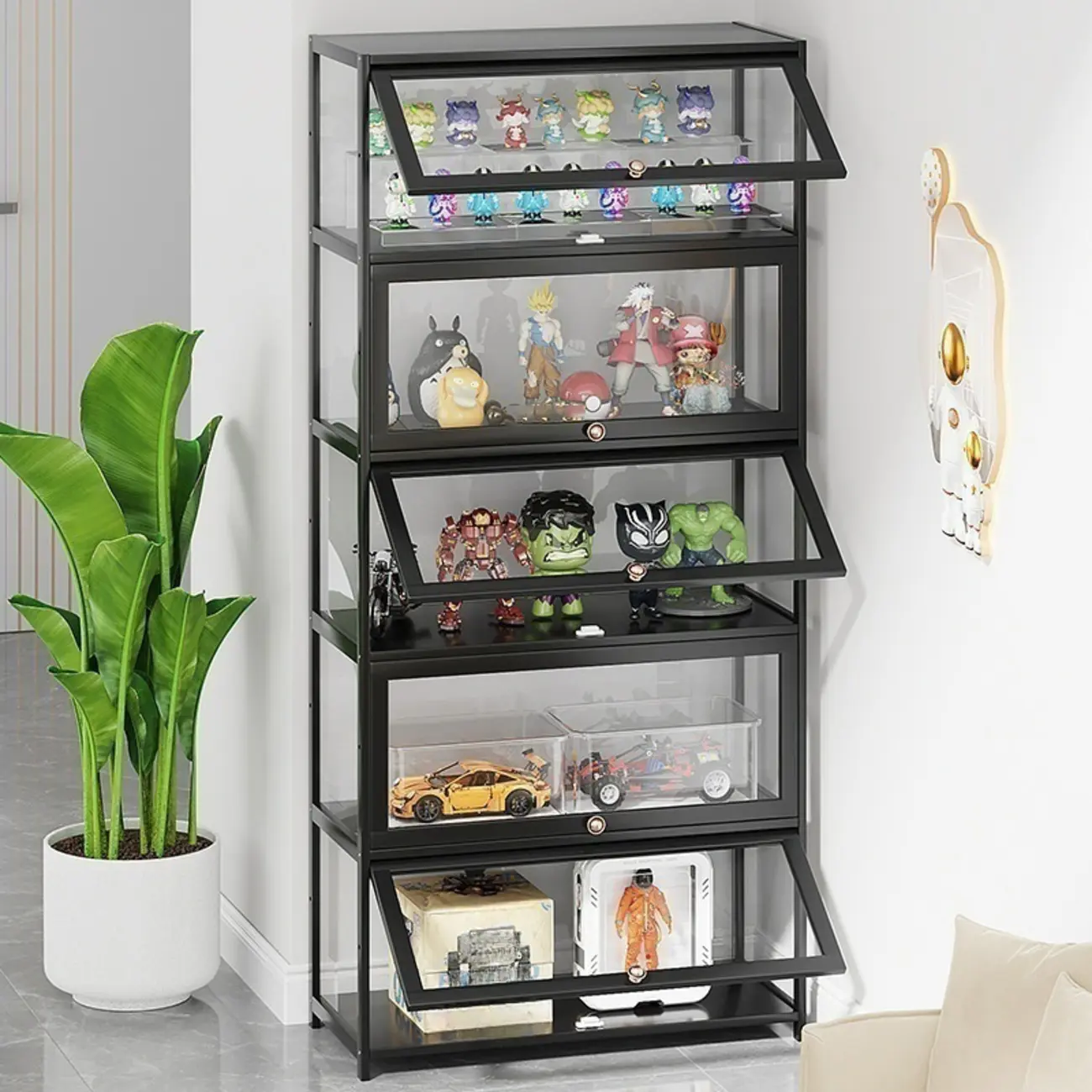 Rectangular Simple Flip-up Black Clear Glass Bamboo Curio Cabinet Image - 4 | homeyfad