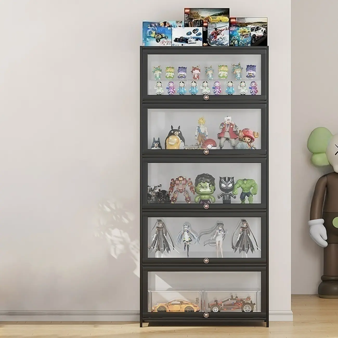 Rectangular Simple Flip-up Black Clear Glass Bamboo Curio Cabinet Image - 5 | homeyfad