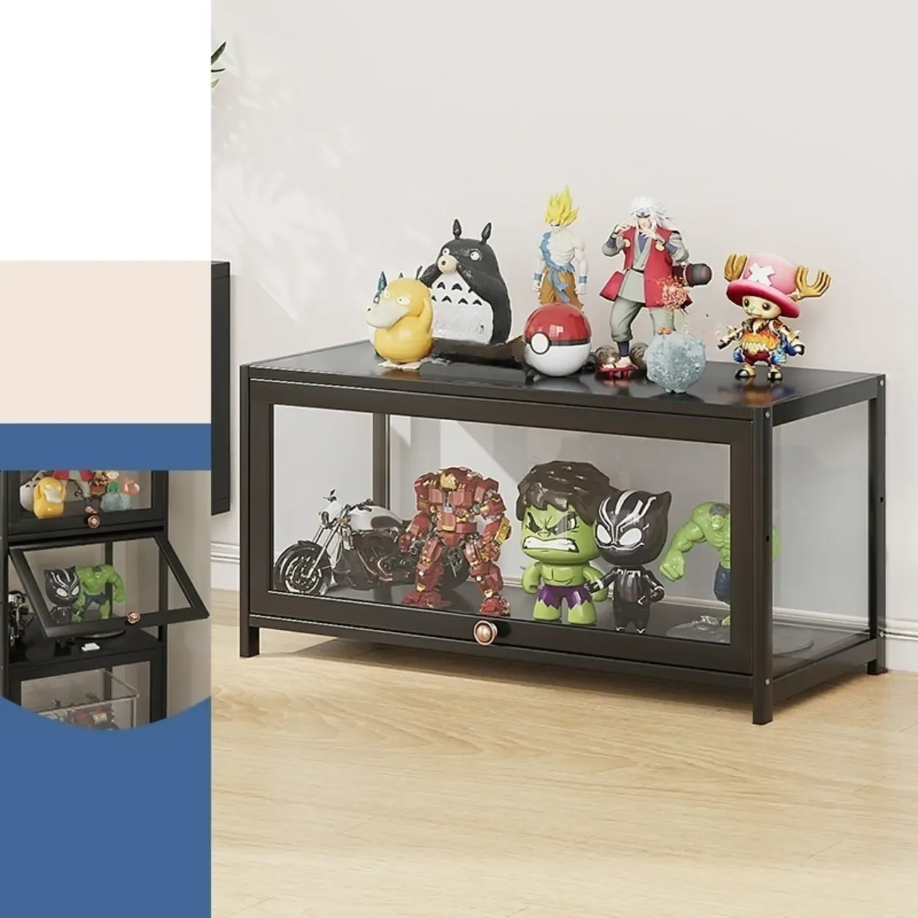 Rectangular Simple Flip-up Black Clear Glass Bamboo Curio Cabinet Image - 6