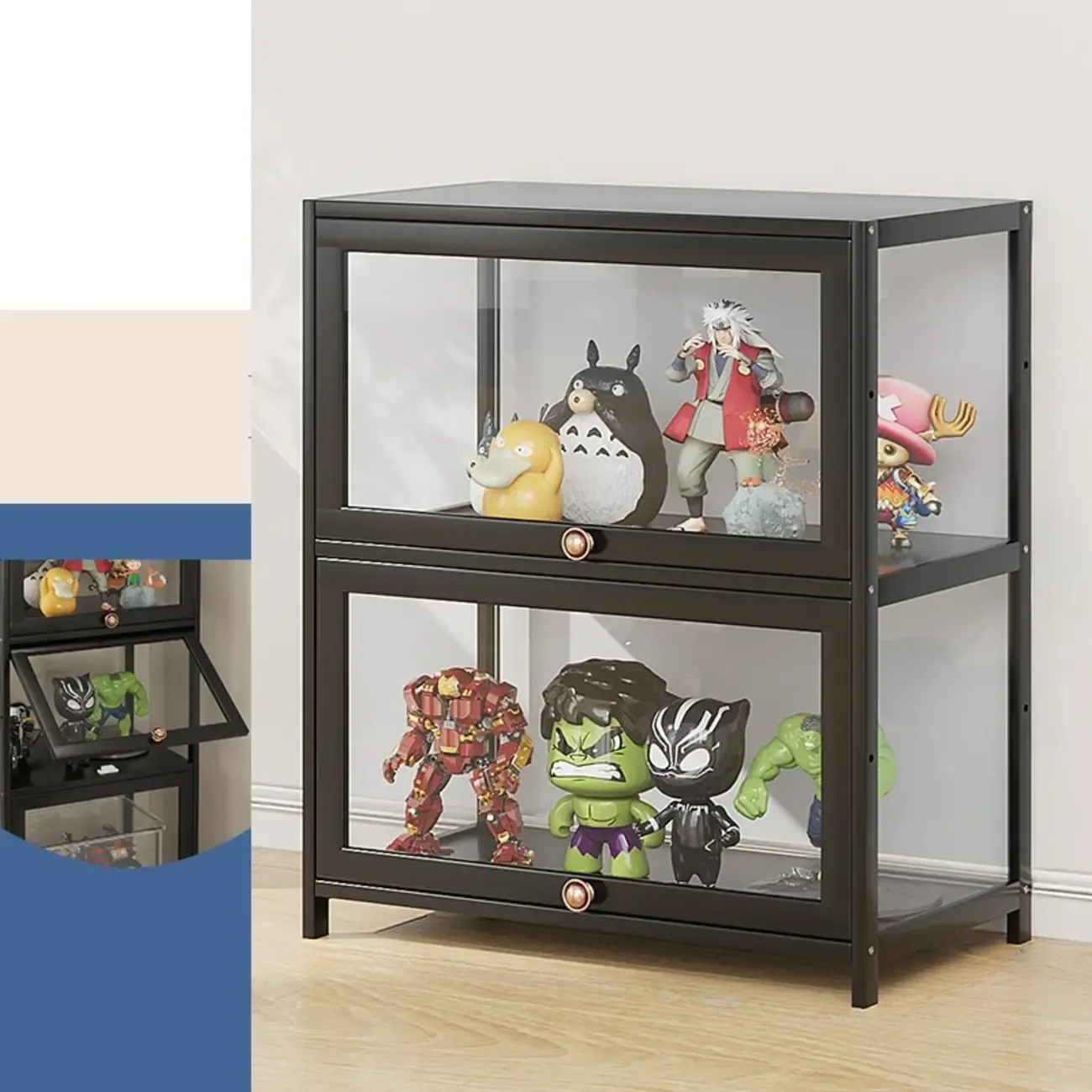 Rectangular Simple Flip-up Black Clear Glass Bamboo Curio Cabinet Image - 7