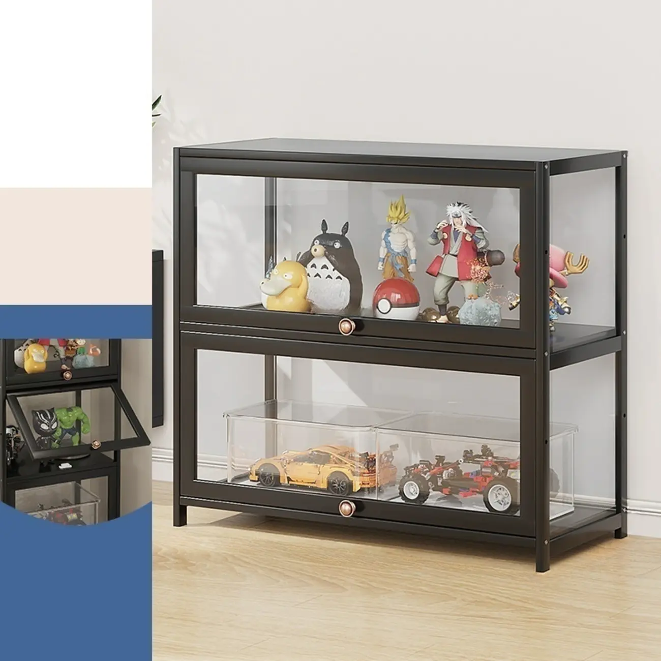 Rectangular Simple Flip-up Black Clear Glass Bamboo Curio Cabinet Image - 11 | homeyfad