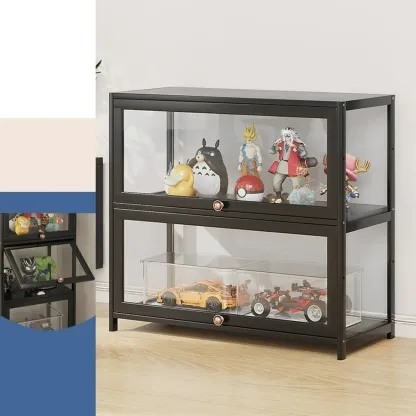 Rectangular Simple Flip-up Black Clear Glass Bamboo Curio Cabinet Image - 11