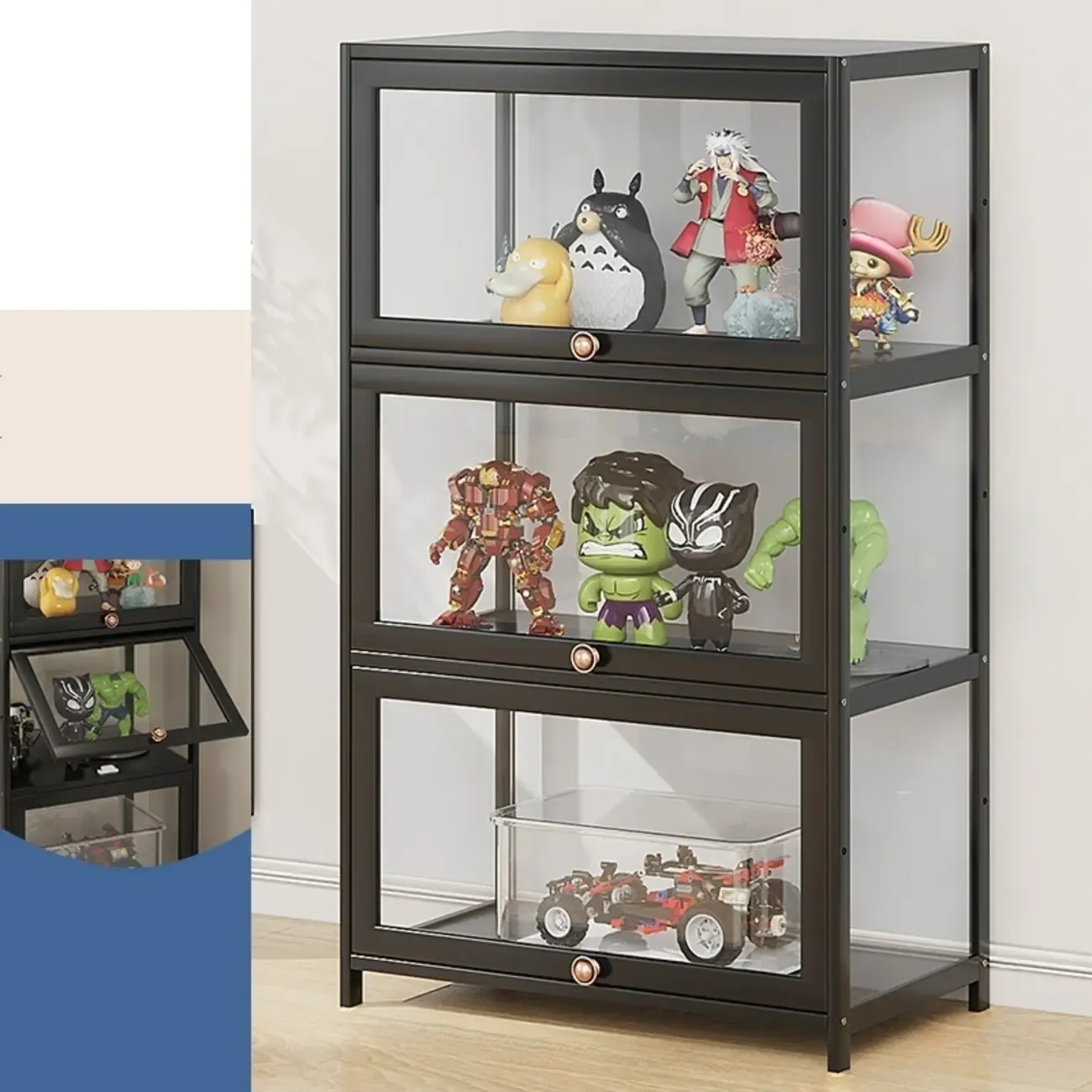 Rectangular Simple Flip-up Black Clear Glass Bamboo Curio Cabinet Image - 13