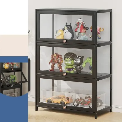 Rectangular Simple Flip-up Black Clear Glass Bamboo Curio Cabinet Image - 15