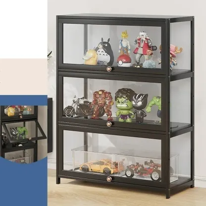 Rectangular Simple Flip-up Black Clear Glass Bamboo Curio Cabinet Image - 18