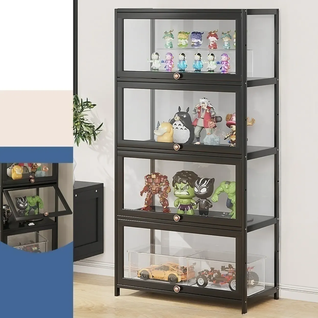 Rectangular Simple Flip-up Black Clear Glass Bamboo Curio Cabinet Image - 20