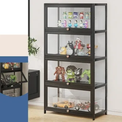 Rectangular Simple Flip-up Black Clear Glass Bamboo Curio Cabinet Image - 20