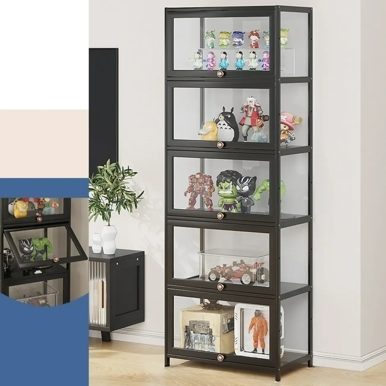Rectangular Simple Flip-up Black Clear Glass Bamboo Curio Cabinet Image - 22