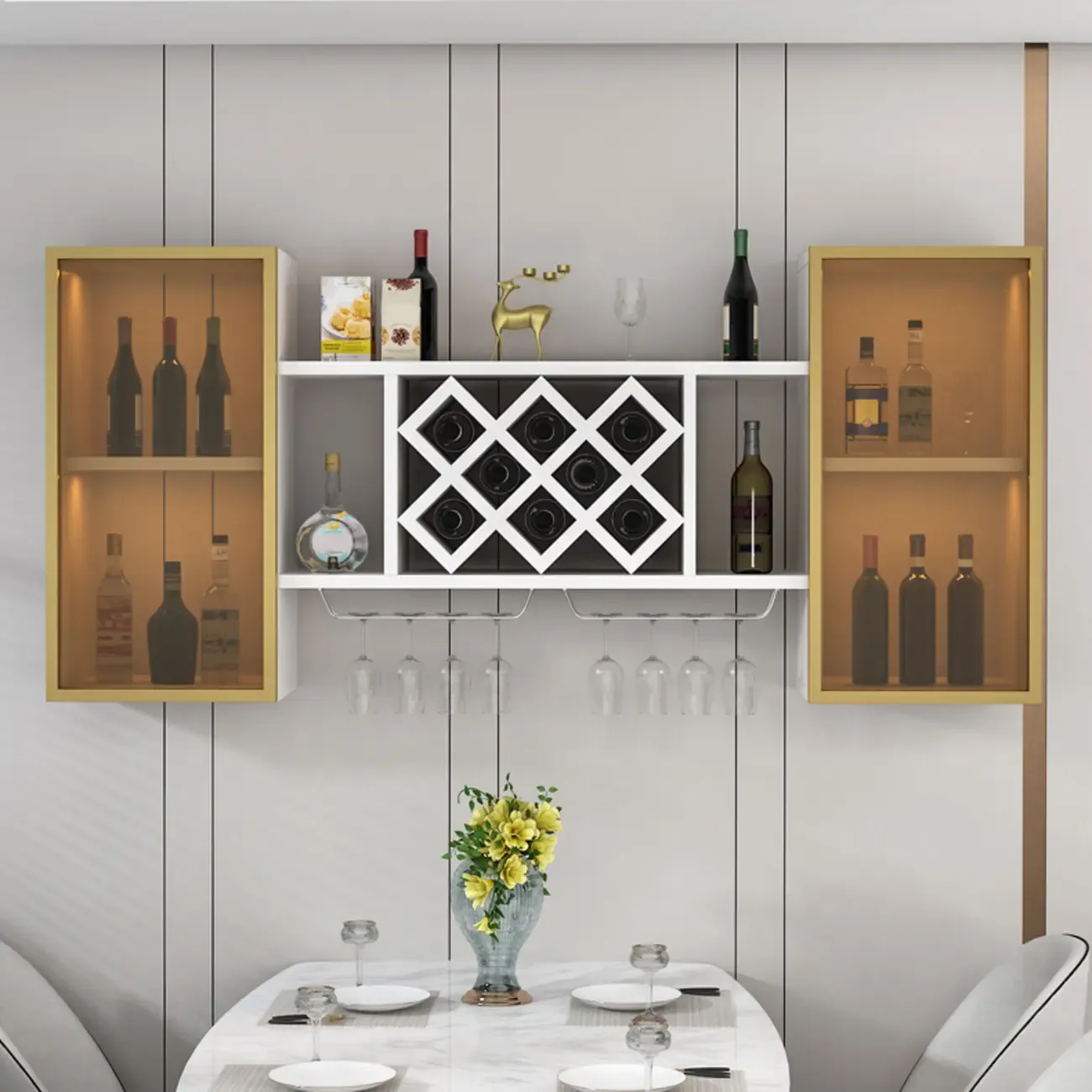 Modern Wall Mounted Wine Rack with Glass & Bottle Storage Image - 1