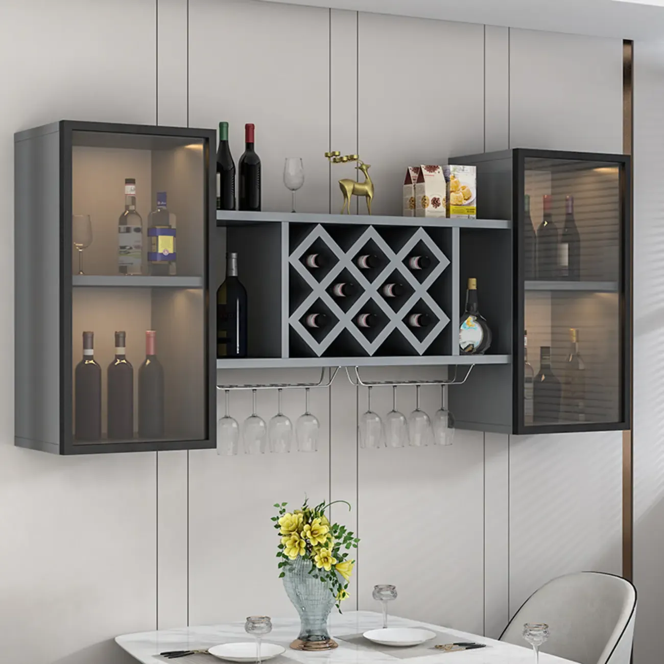 Modern Wall Mounted Wine Rack with Glass & Bottle Storage Image - 3