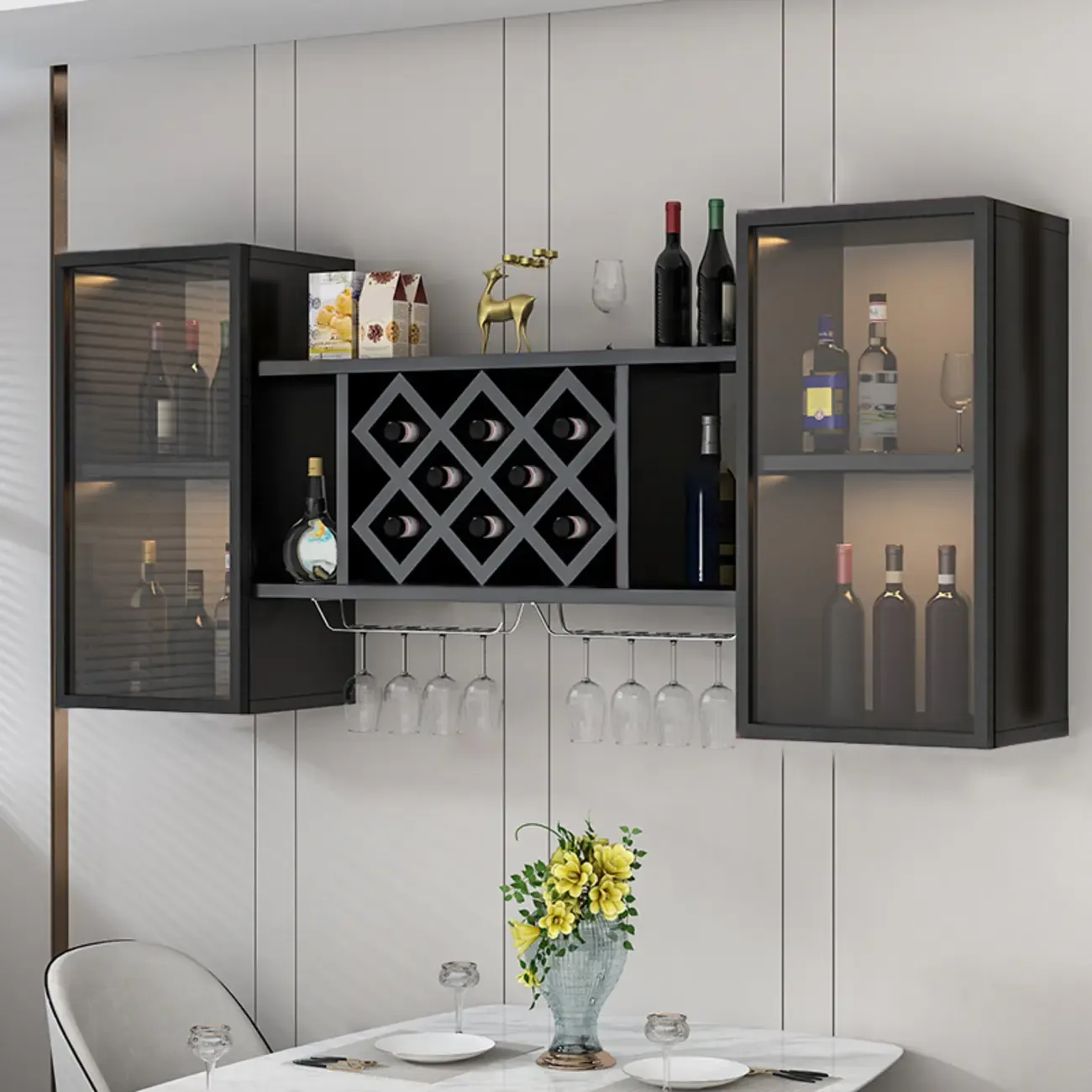 Modern Wall Mounted Wine Rack with Glass & Bottle Storage Image - 4