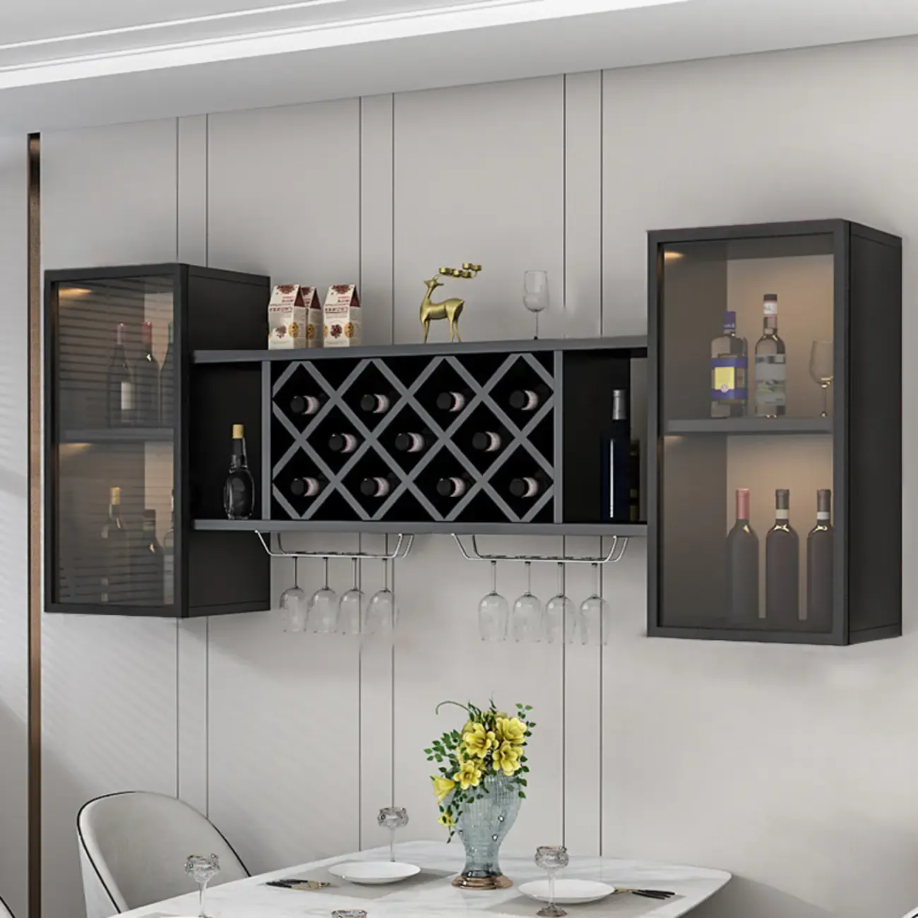 Modern Wall Mounted Wine Rack with Glass & Bottle Storage Image - 6