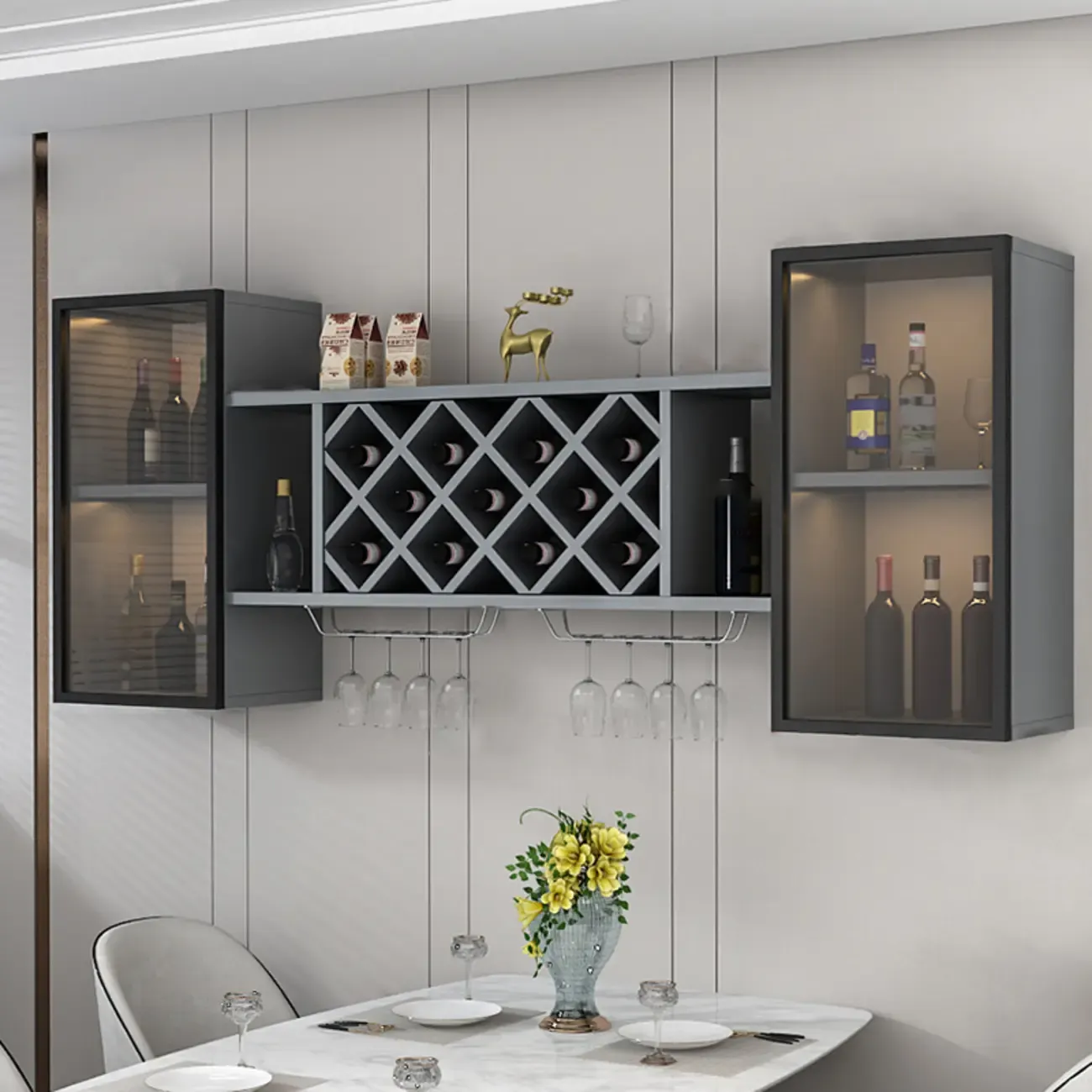 Modern Wall Mounted Wine Rack with Glass & Bottle Storage Image - 12