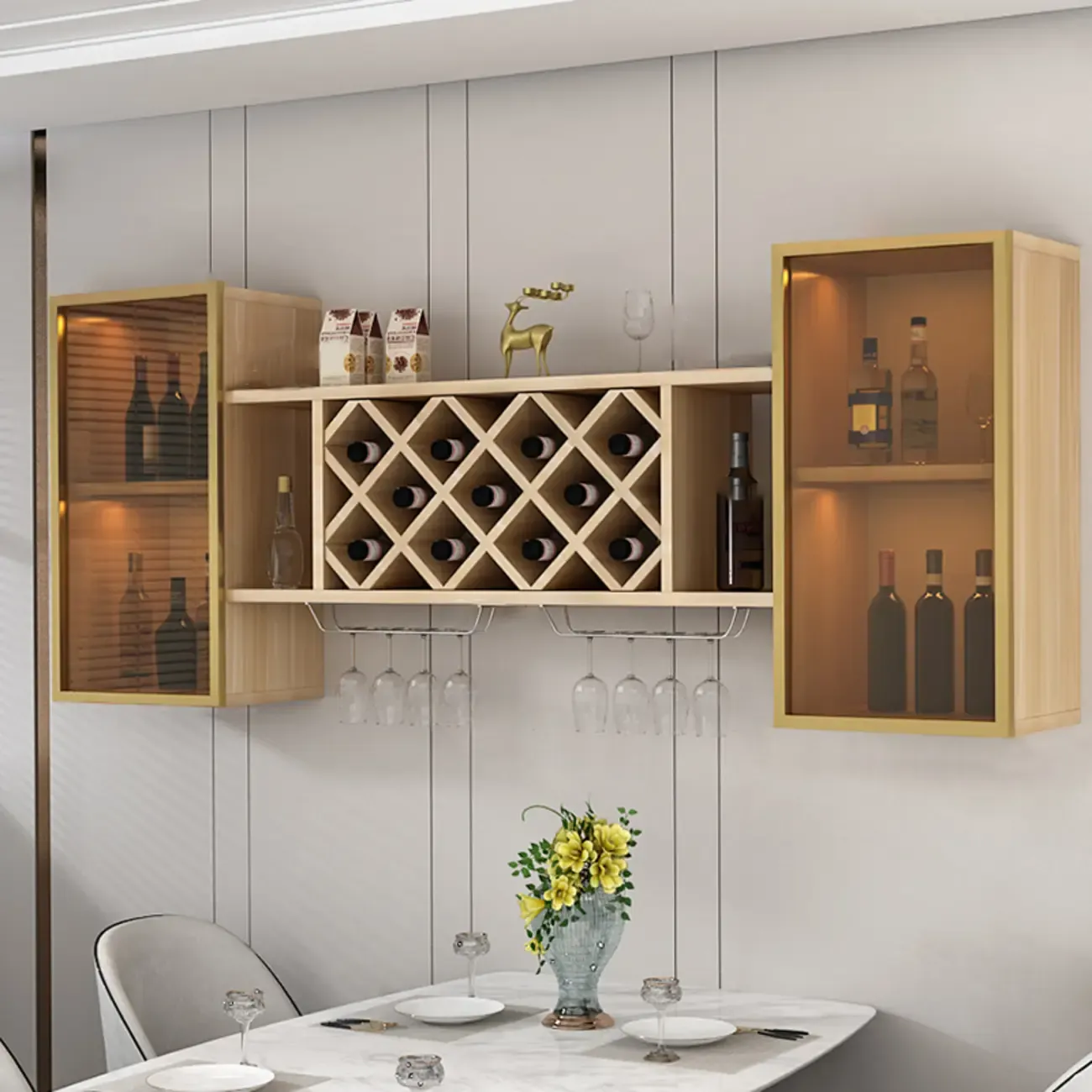 Modern Wall Mounted Wine Rack with Glass & Bottle Storage Image - 16