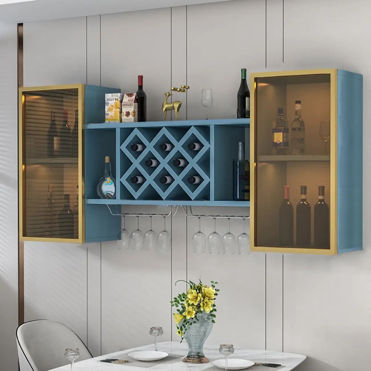Modern Wall Mounted Wine Rack with Glass & Bottle Storage Image - 21