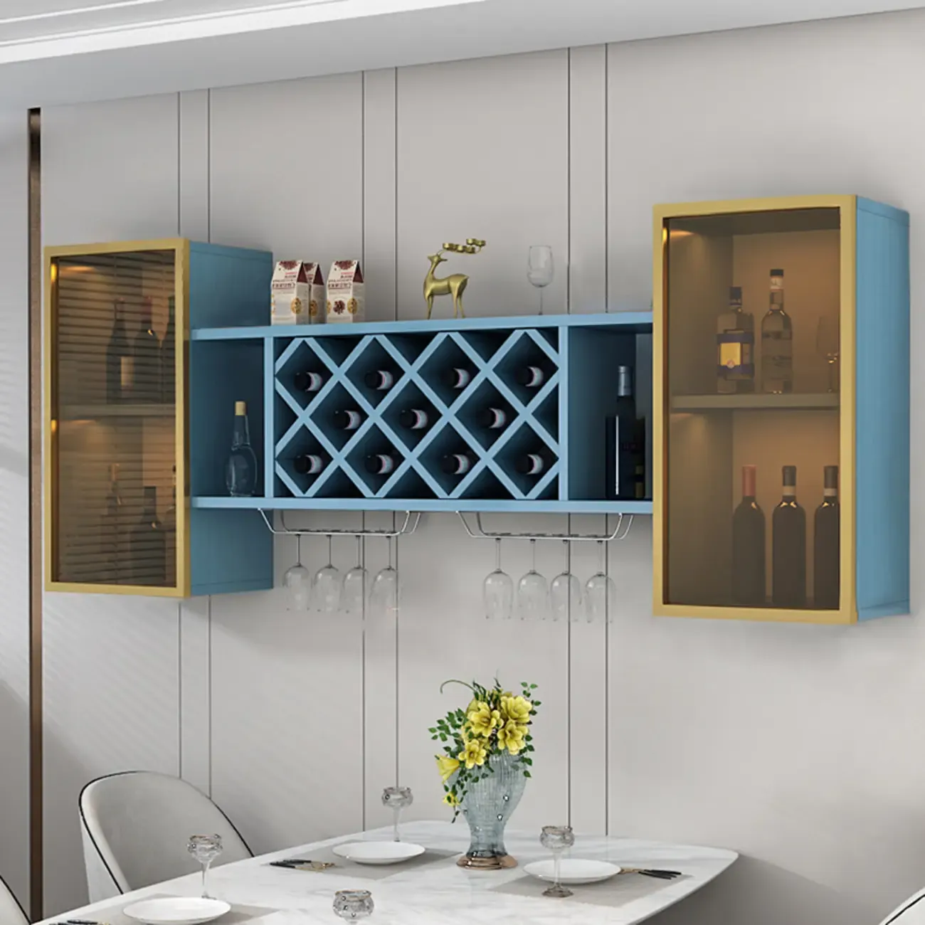 Modern Wall Mounted Wine Rack with Glass & Bottle Storage Image - 22