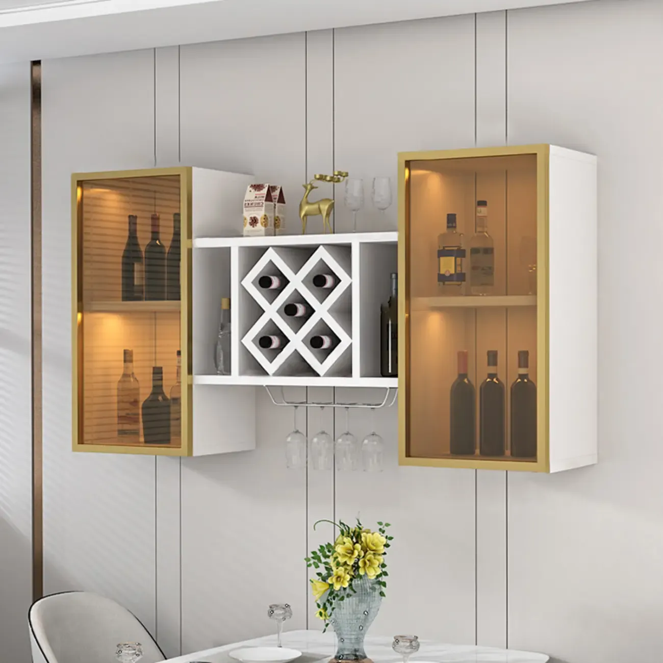 Modern Wall Mounted Wine Rack with Glass & Bottle Storage Image - 23