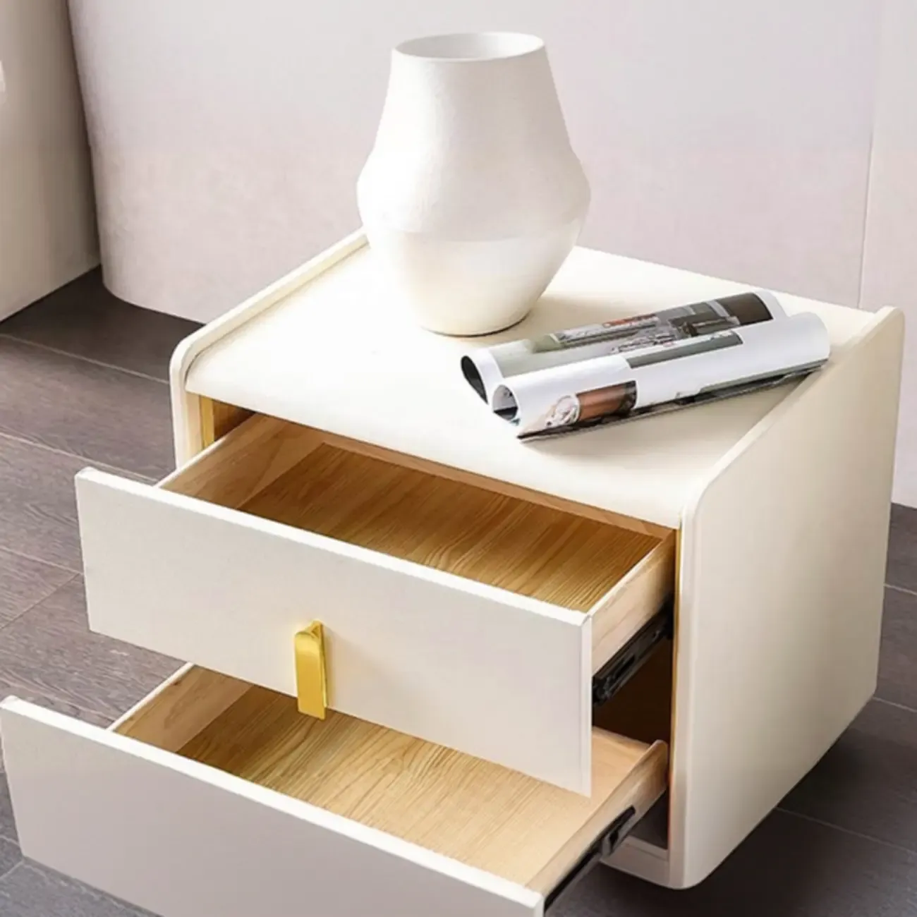 Modern Bedside Table – Faux Leather White Nightstand Image - 7