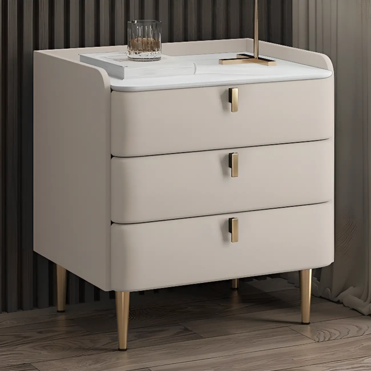 Modern Leather Stone Top Gold Accents 3-Drawer Nightstand Image - 1 | homeyfad