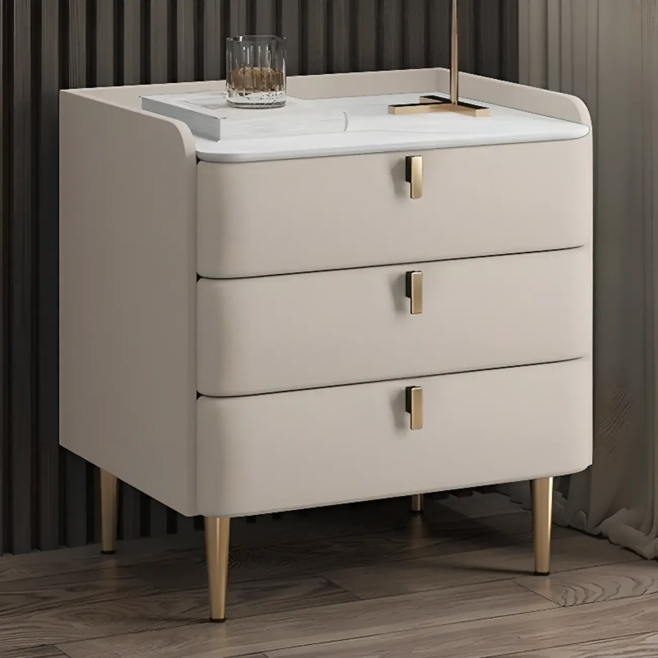 Modern Leather Stone Top Gold Accents 3-Drawer Nightstand Image - 1