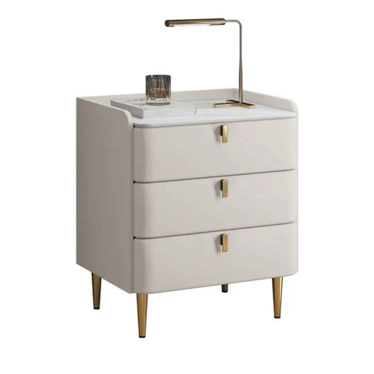 Modern Leather Stone Top Gold Accents 3-Drawer Nightstand Image - 6 | homeyfad