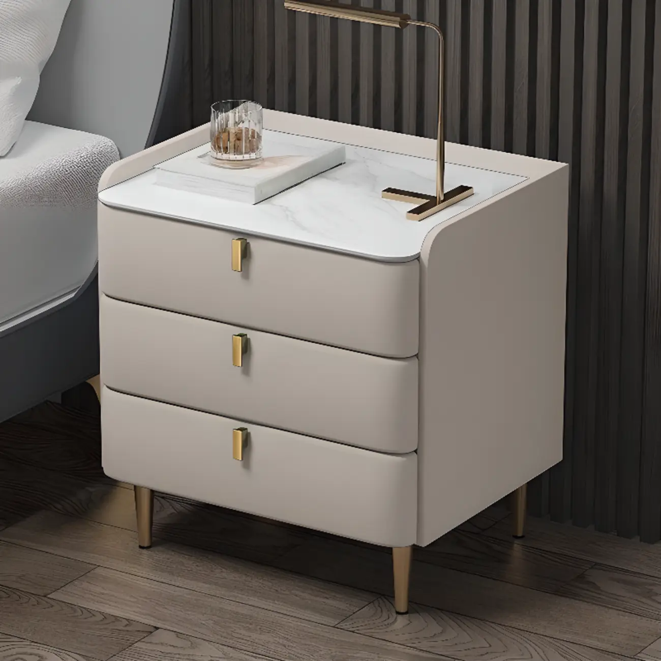 Modern Leather Stone Top Gold Accents 3-Drawer Nightstand Image - 2 | homeyfad