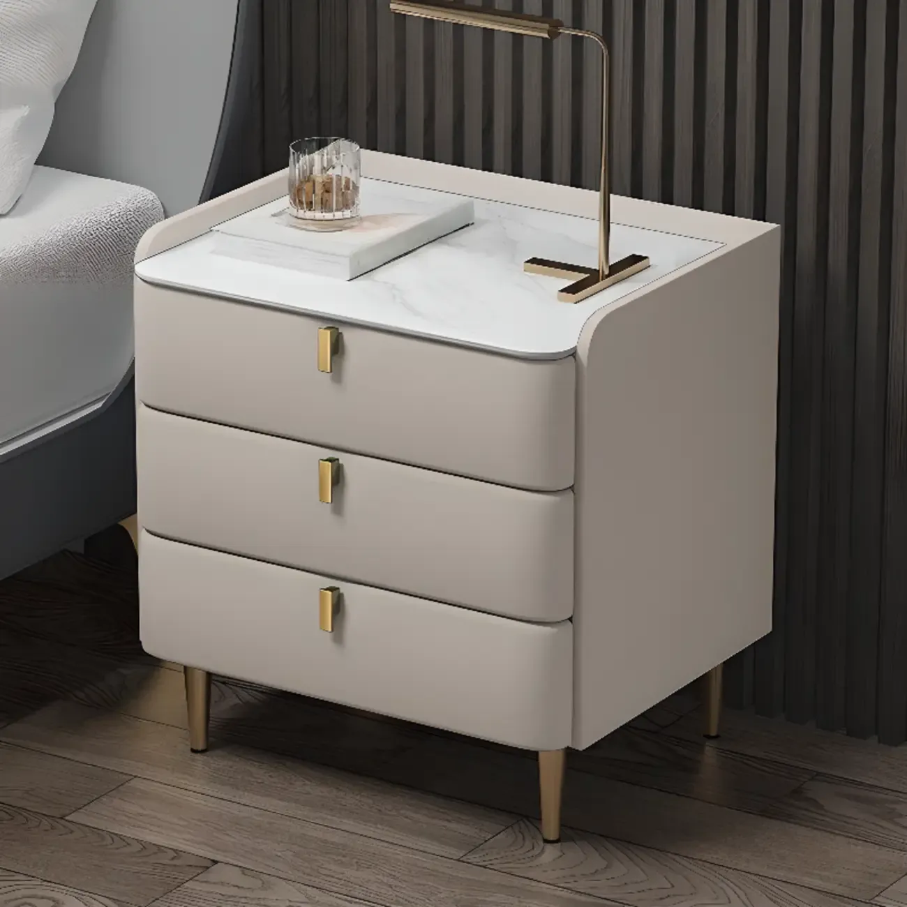 Modern Leather Stone Top Gold Accents 3-Drawer Nightstand Image - 2