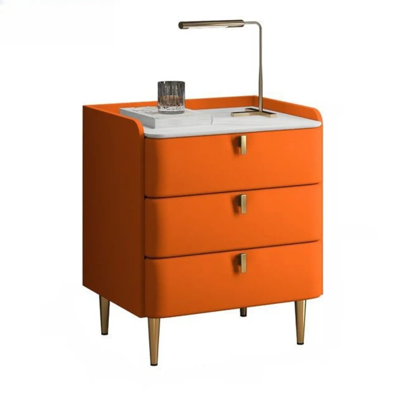 Modern Leather Stone Top Gold Accents 3-Drawer Nightstand Image - 7 | homeyfad