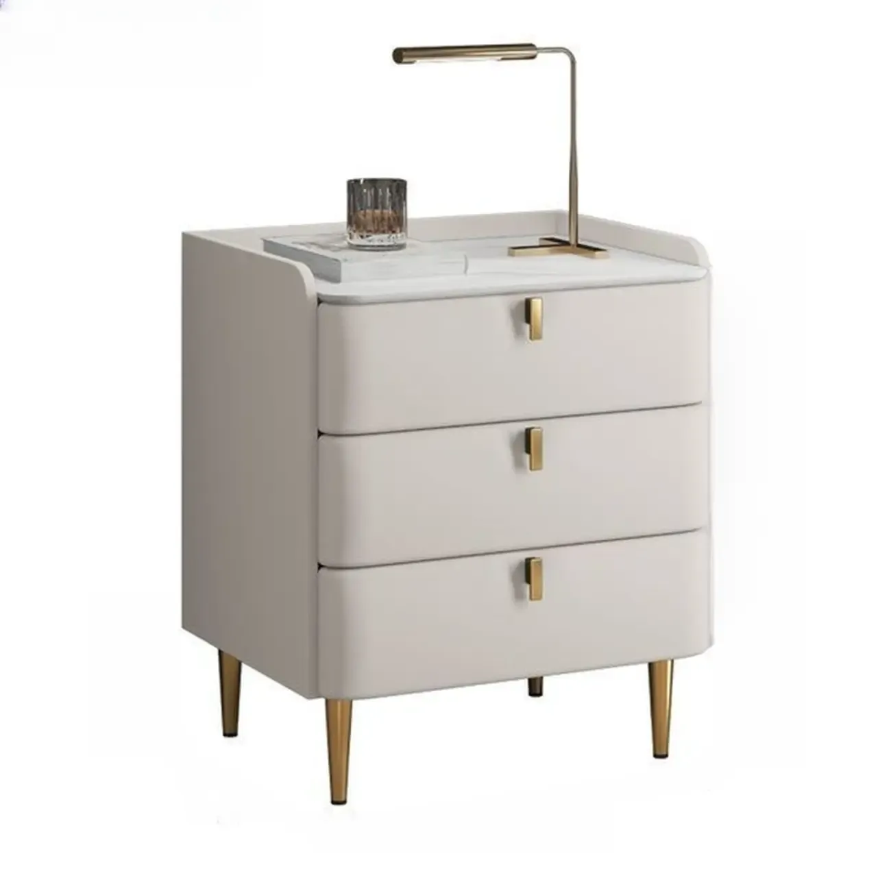 Modern Leather Stone Top Gold Accents 3-Drawer Nightstand Image - 8