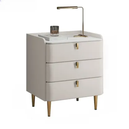 Modern Leather Stone Top Gold Accents 3-Drawer Nightstand Image - 8
