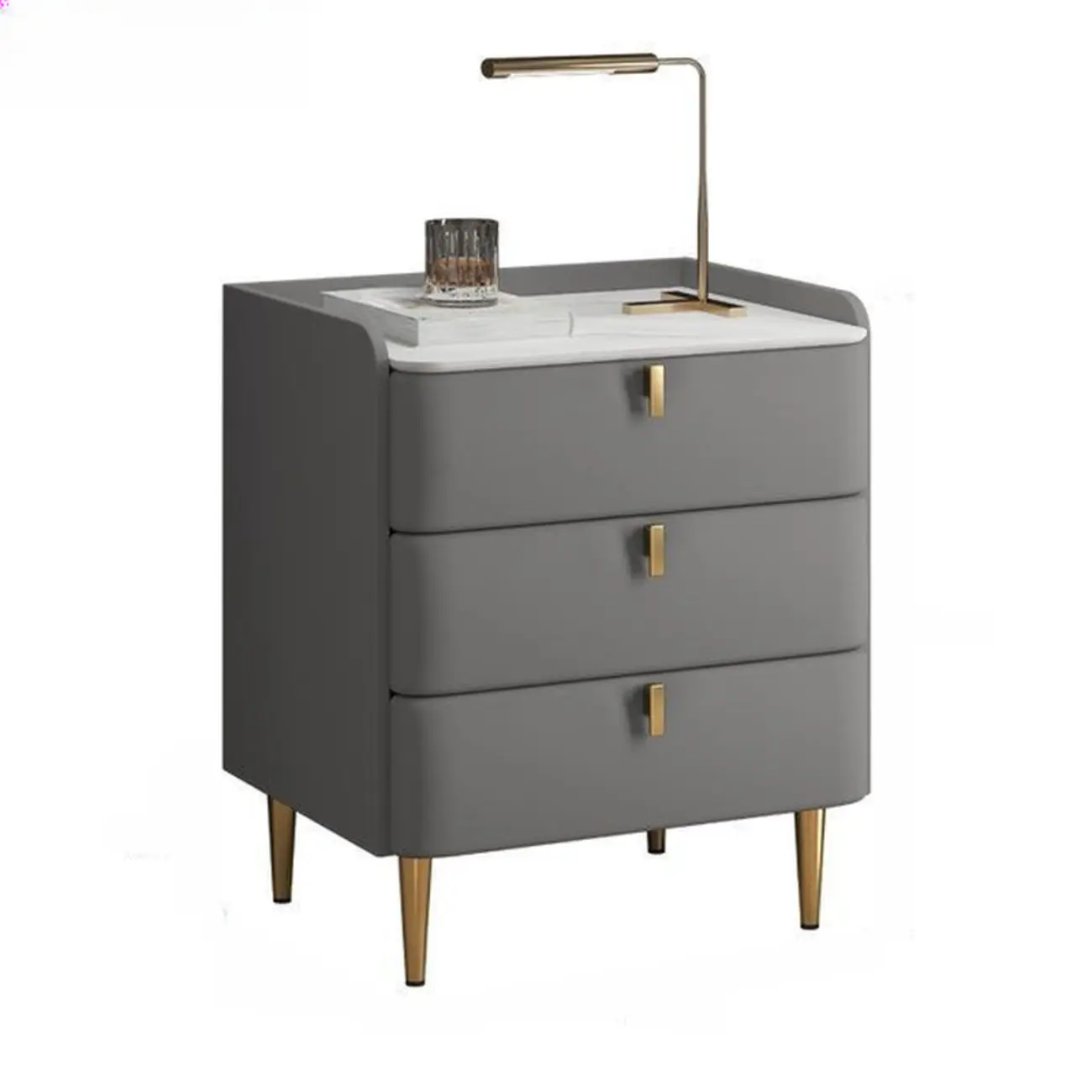 Modern Leather Stone Top Gold Accents 3-Drawer Nightstand Image - 10 | homeyfad